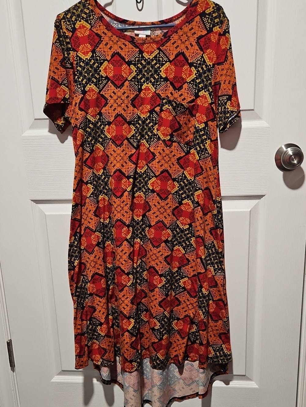 LuLaRoe Orange, Red and Black Geometric Midi Dress